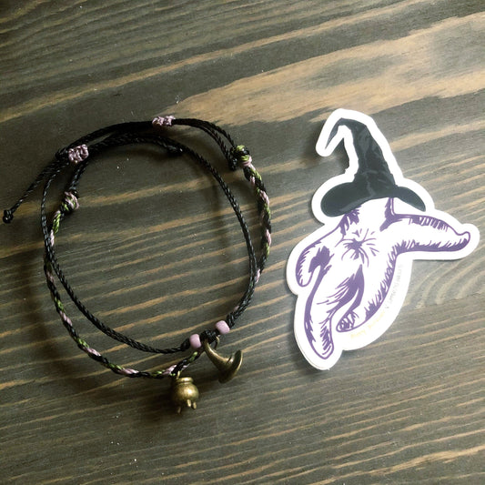HALLOWEEN Witch Hat & Cauldron Adjustable Waterproof Bracelet Set, Halloween Jewelry, Wax Cord Bracelet, Waterproof Cord