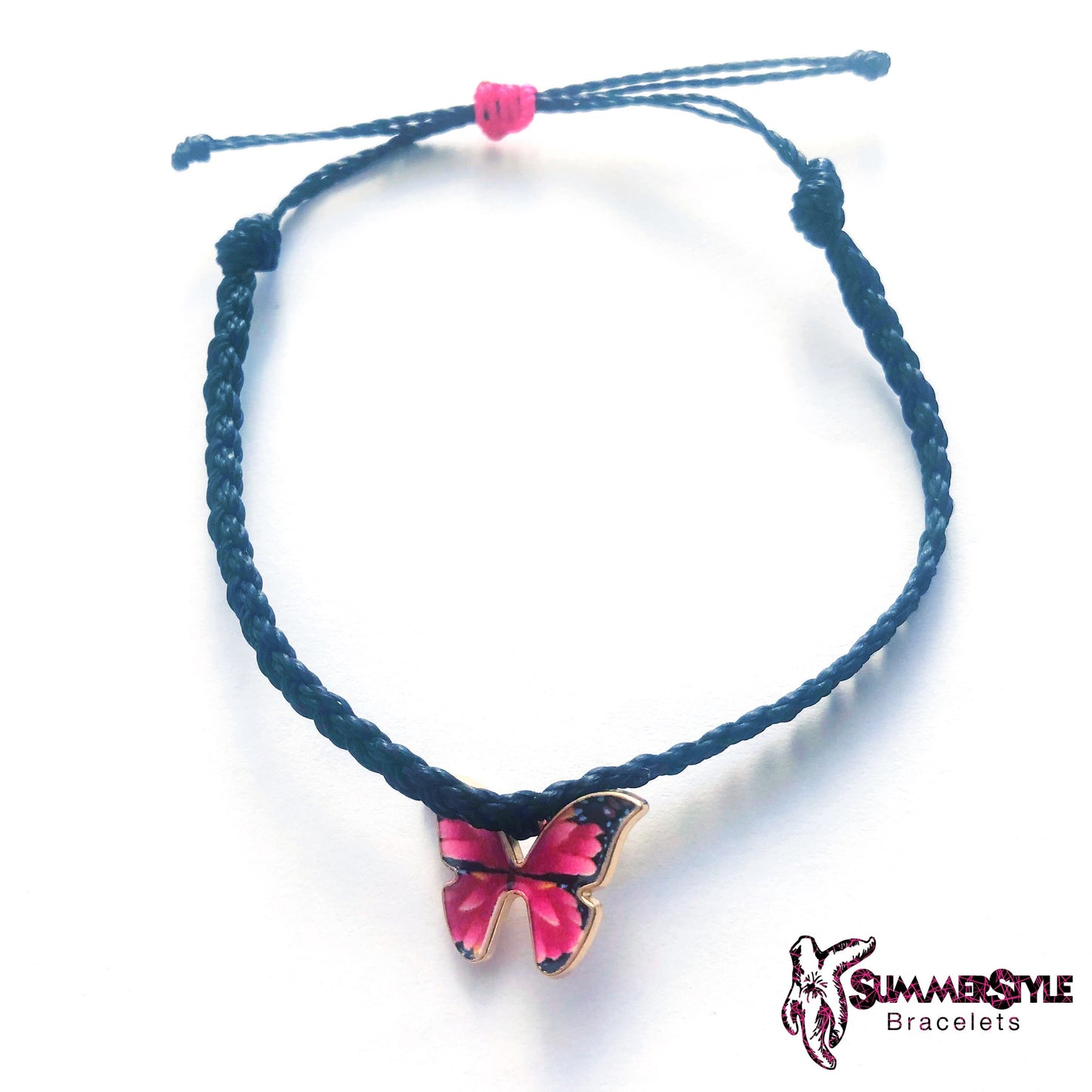 Pink Butterfly Adjustable Waterproof Bracelet Pack, Butterfly Gift, Butterfly Bracelet, Wax Cord Bracelet