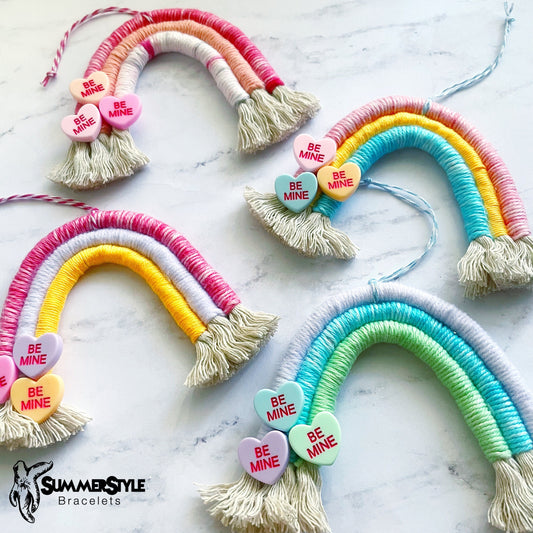 VALENTINE Candy Hearts Macramé Rainbow Car Charm, Valentine’s Day Rainbow, Boho Accessories, Macrame Rainbow, SummerStyle Bracelets