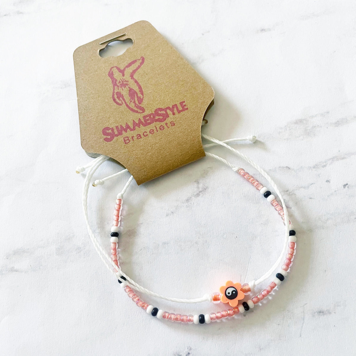 One of a Kind Coral Yin Yang Flower Bracelet Set, Yin Yang Jewelry, Beaded Bracelets, SummerStyle Bracelets