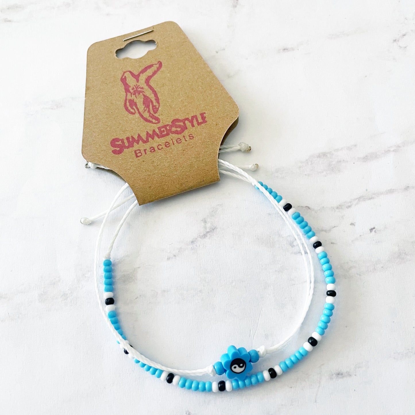 One of a Kind Light Blue Yin Yang Flower Bracelet Set, Yin Yang Jewelry, Beaded Bracelets, SummerStyle Bracelets