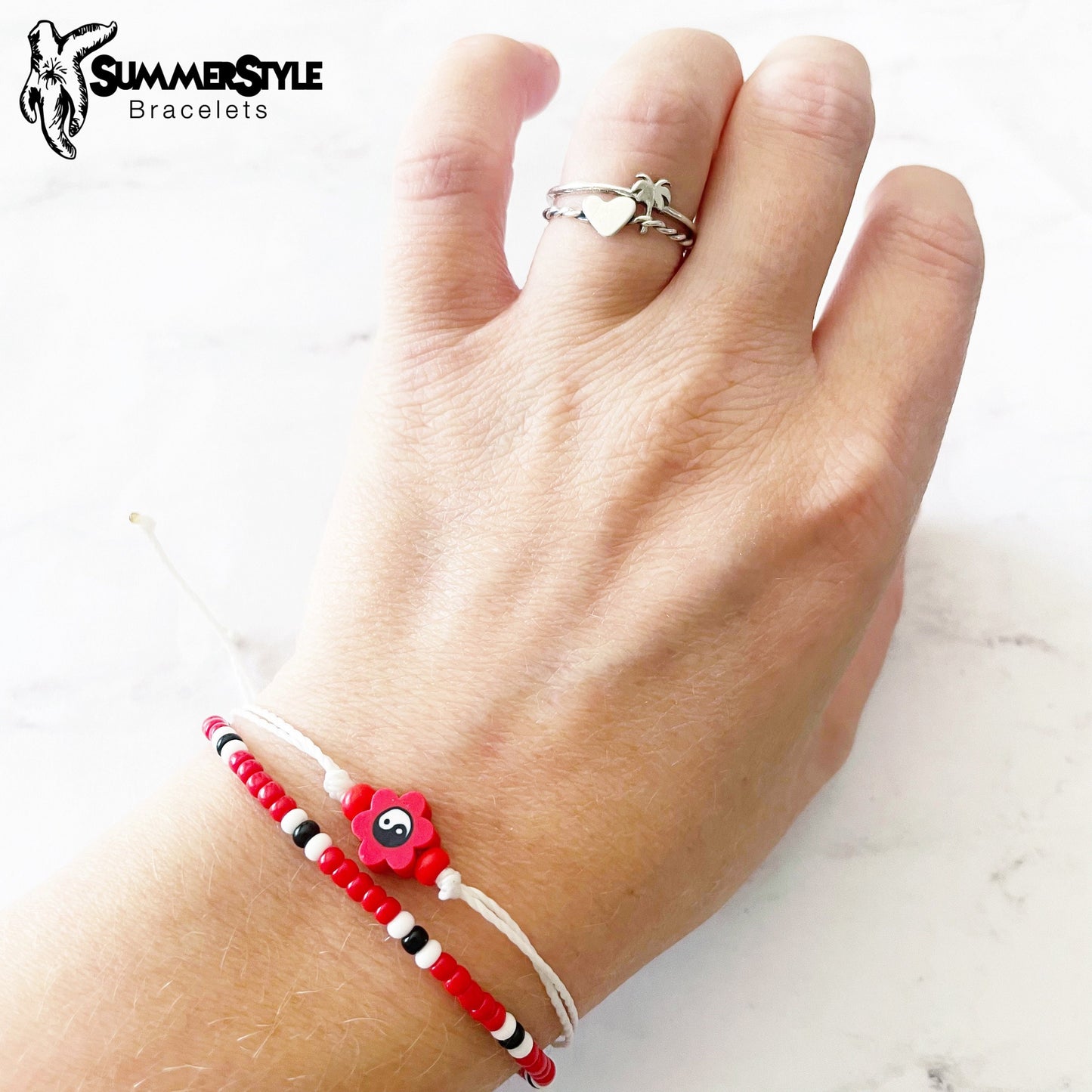 Red Yin Yang Flower Bracelet Set, Yin Yang Jewelry, Beaded Bracelets, SummerStyle Bracelets
