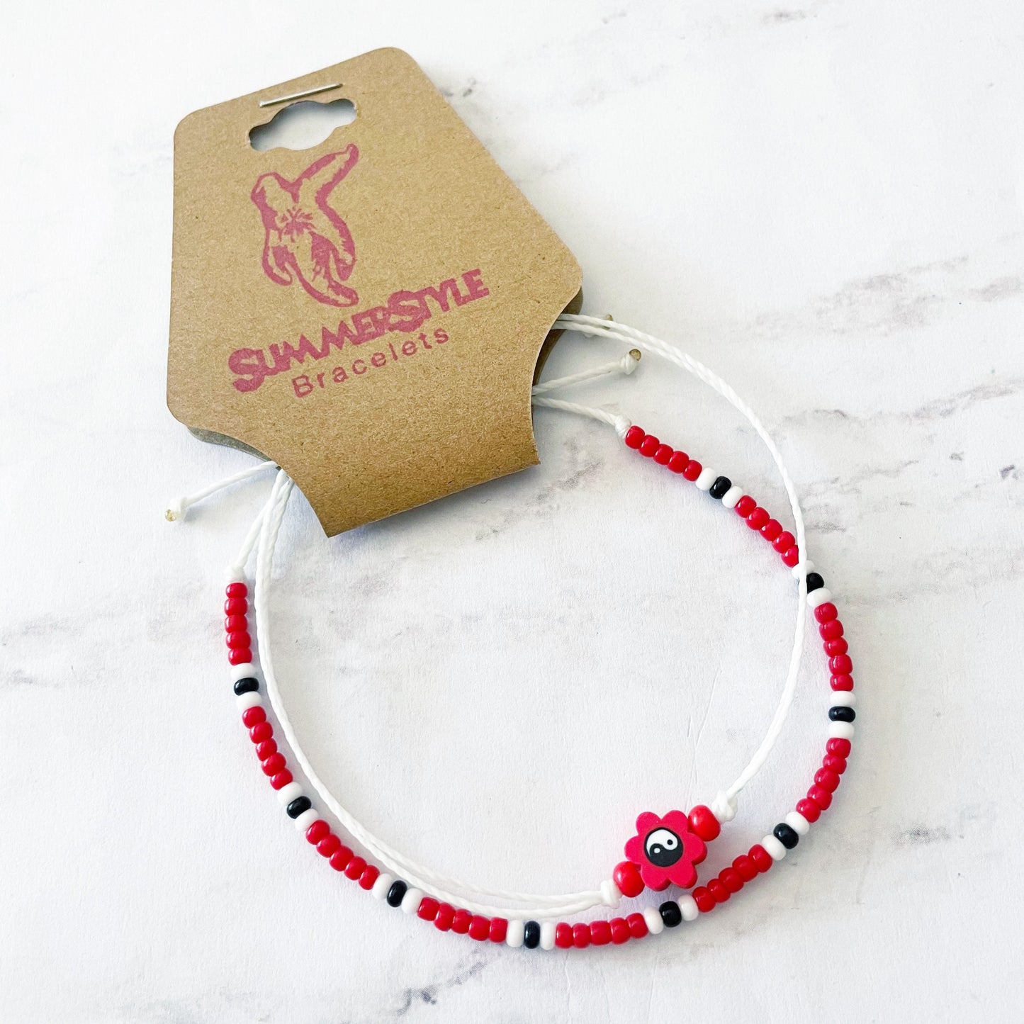 Red Yin Yang Flower Bracelet Set, Yin Yang Jewelry, Beaded Bracelets, SummerStyle Bracelets