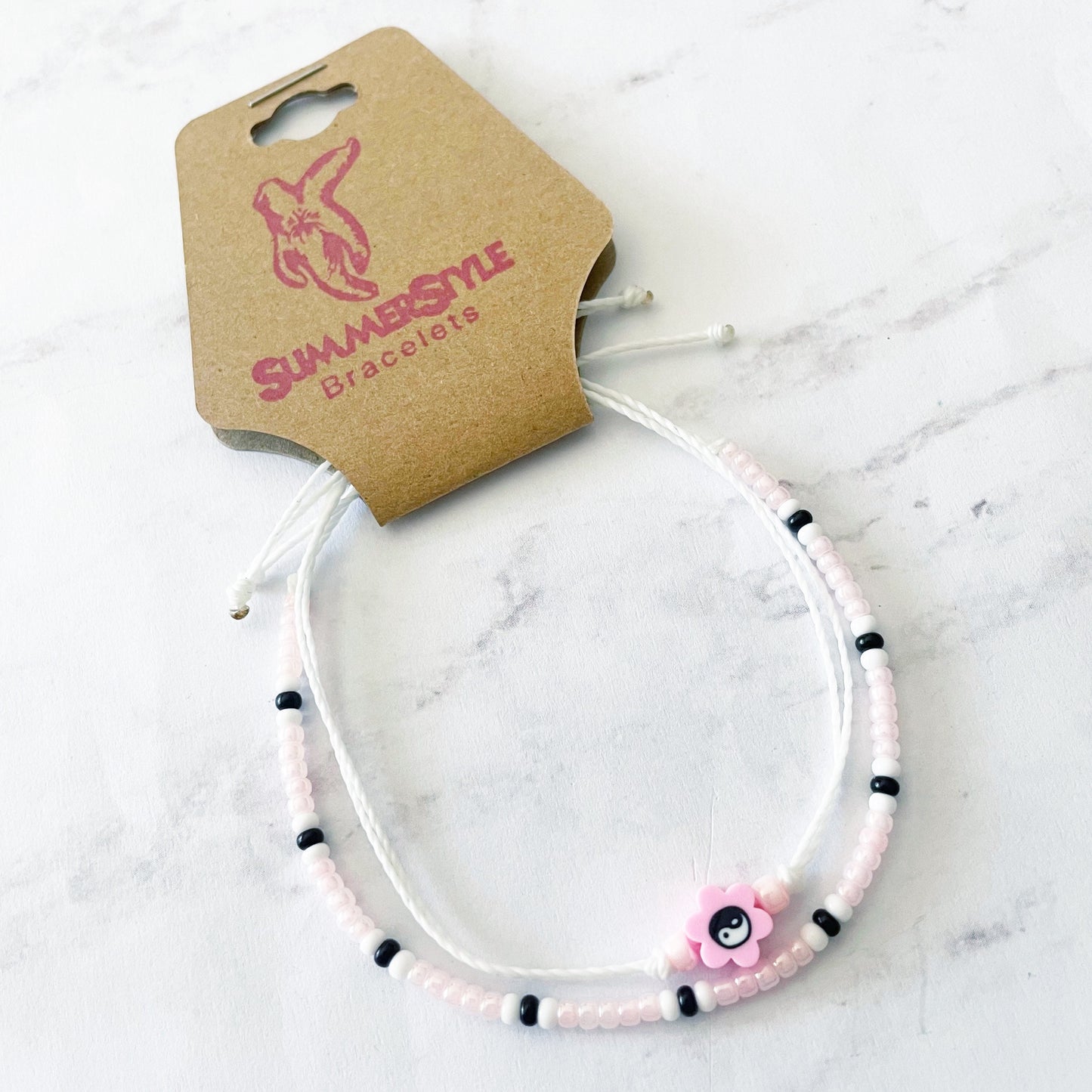 Light Pink Yin Yang Flower Bracelet Set, Yin Yang Jewelry, Beaded Bracelets, SummerStyle Bracelets