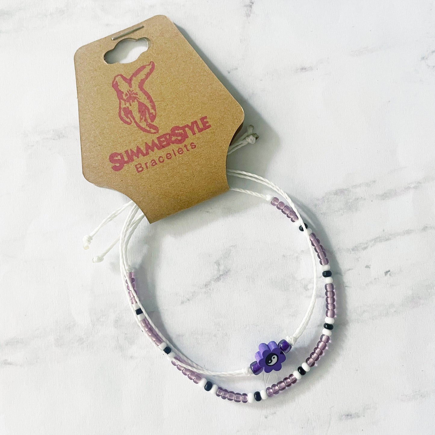 Purple Yin Yang Flower Bracelet Set, Yin Yang Jewelry, Beaded Bracelets, SummerStyle Bracelets