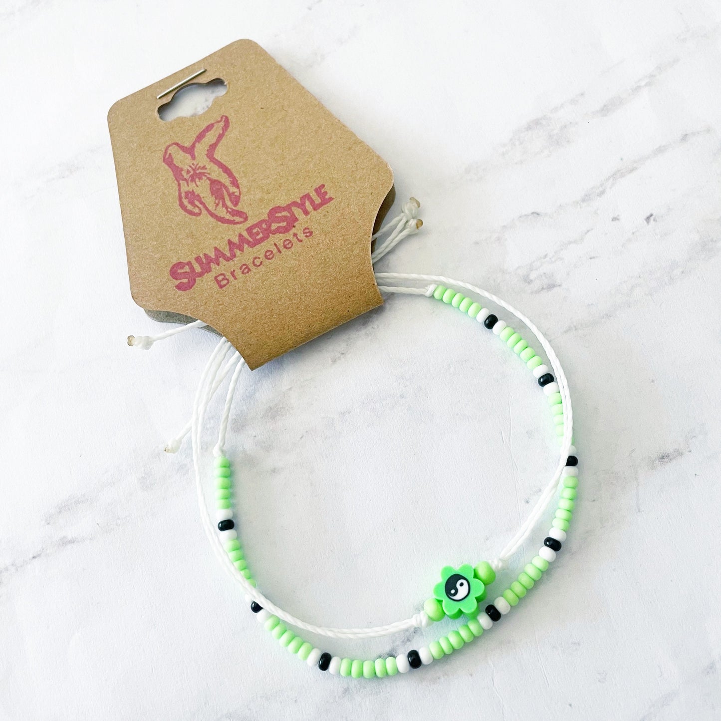 Neon Green Yin Yang Flower Bracelet Set, Yin Yang Jewelry, Beaded Bracelets, SummerStyle Bracelets