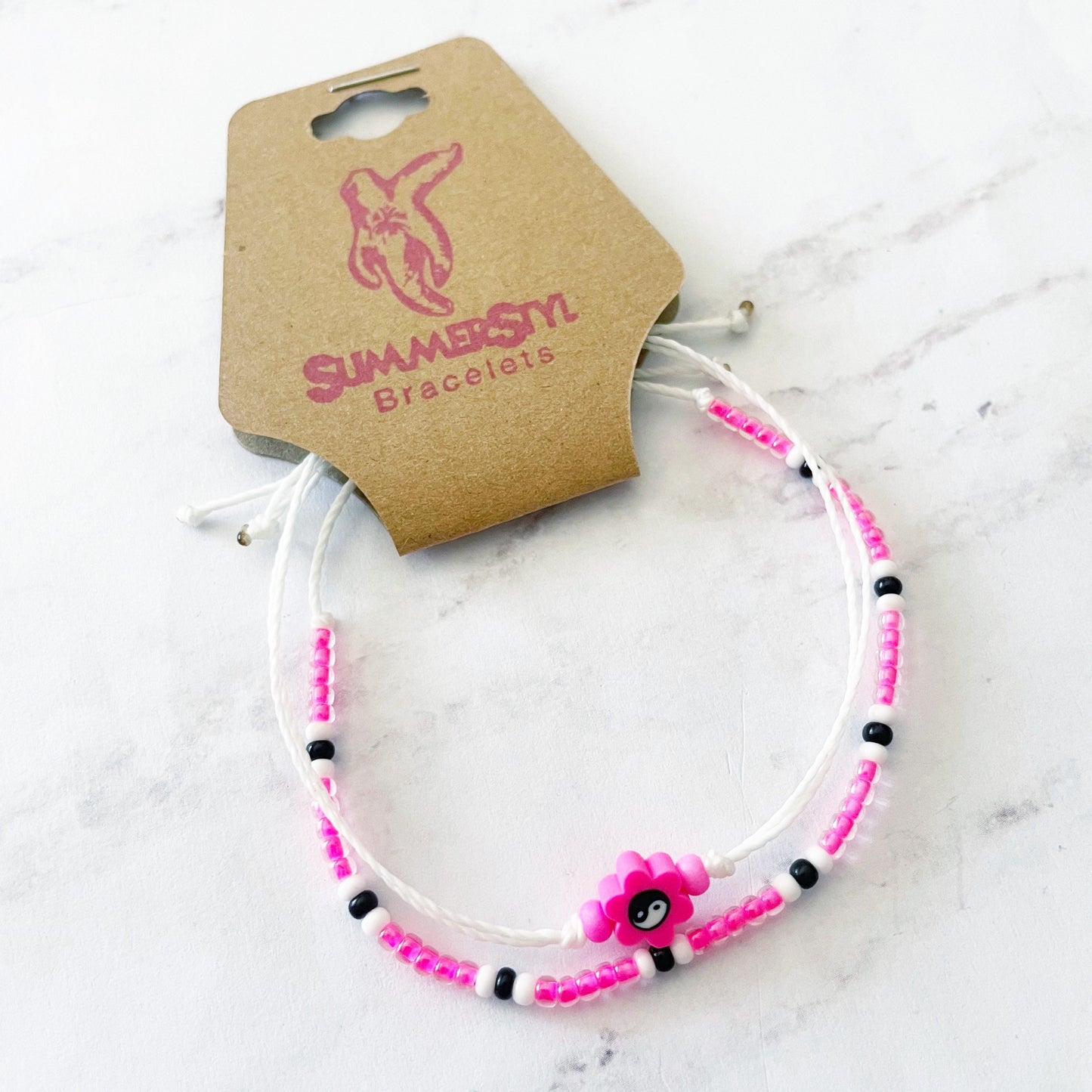 Hot Pink Yin Yang Flower Bracelet Set, Yin Yang Jewelry, Beaded Bracelets, SummerStyle Bracelets