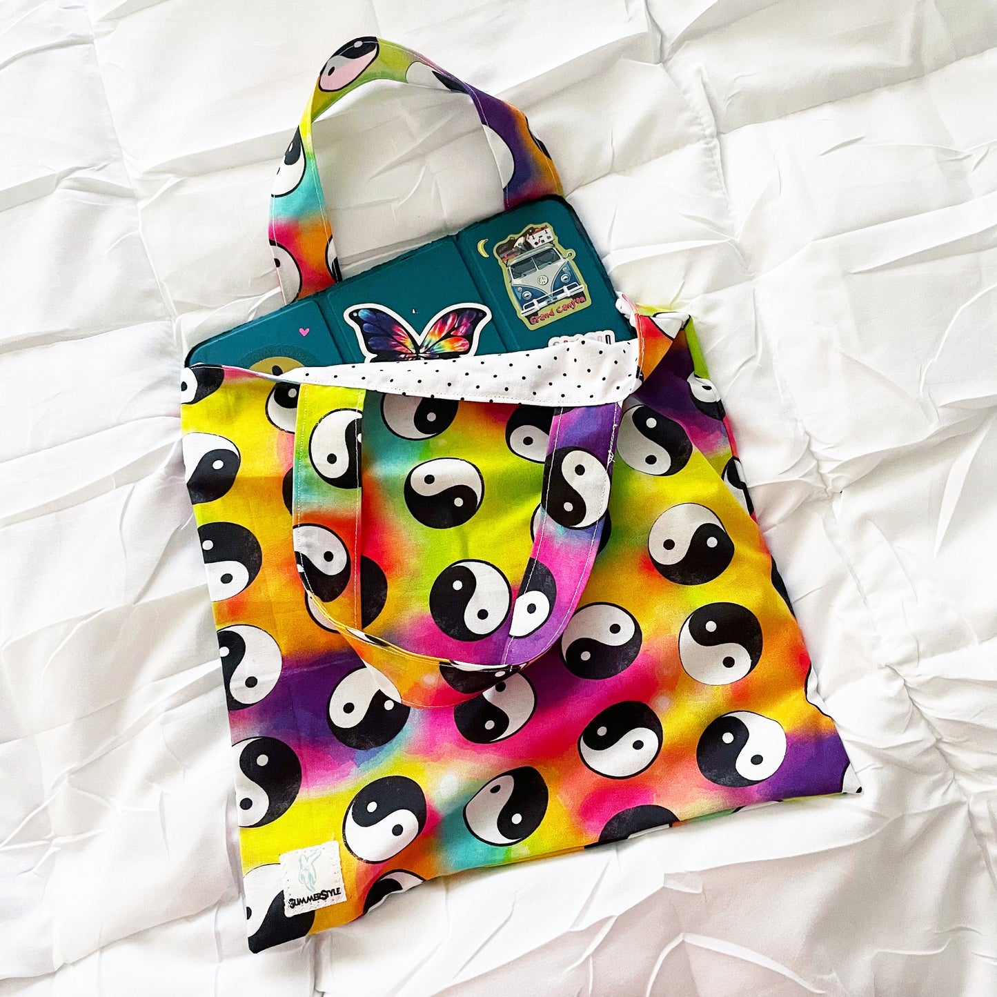 Rainbow Yin Yang Reversible Bookish Tote Bag, Reversible Tote, Tablet Bag, Book Tote, SummerStyle Bracelets