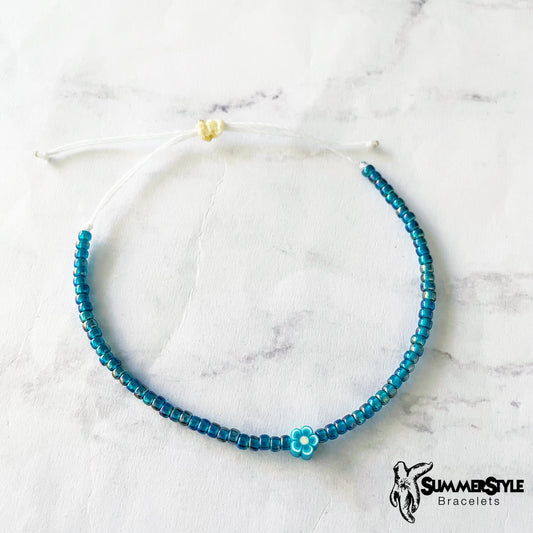 Dark Teal Flower Adjustable Waterproof Bracelet Pack, Flower Bracelet, Seed Bead Bracelet, Floral Jewelry, SummerStyle Bracelets