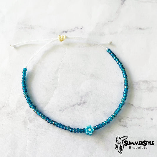 Dark Teal Flower Adjustable Waterproof Bracelet Pack, Flower Bracelet, Seed Bead Bracelet, Floral Jewelry, SummerStyle Bracelets