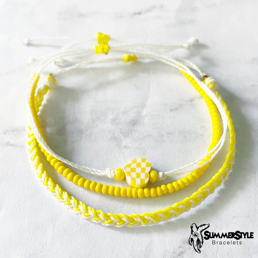 Yellow & White Checkered Heart Adjustable Waterproof Bracelet Pack, Heart Jewelry, Checkered Jewelry, SummerStyle Bracelets