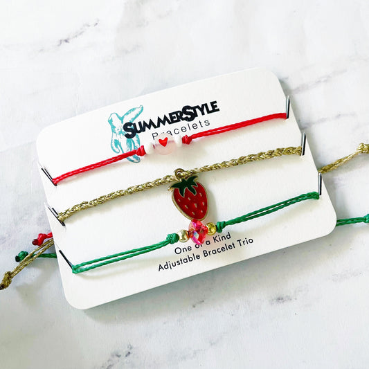 Strawberry Love Bracelet Set, One of a Kind Bracelet Trio, Unique Bracelet Set, SummerStyle Bracelets