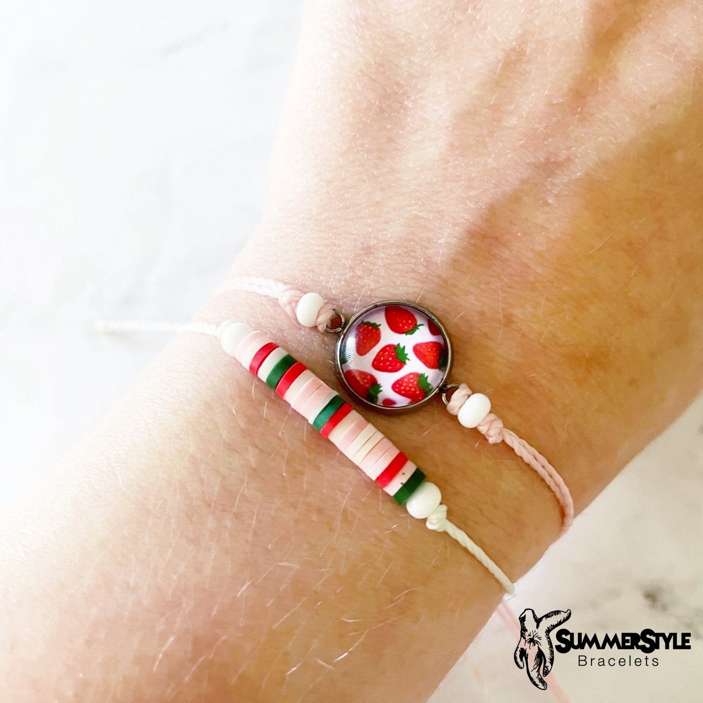 Pink Strawberry Adjustable Waterproof Bracelet Pack, Strawberry Gift, Strawberry Bracelet, Heishi Bracelet, SummerStyle Bracelets