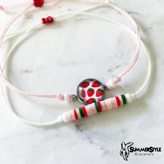 Pink Strawberry Adjustable Waterproof Bracelet Pack, Strawberry Gift, Strawberry Bracelet, Heishi Bracelet, SummerStyle Bracelets