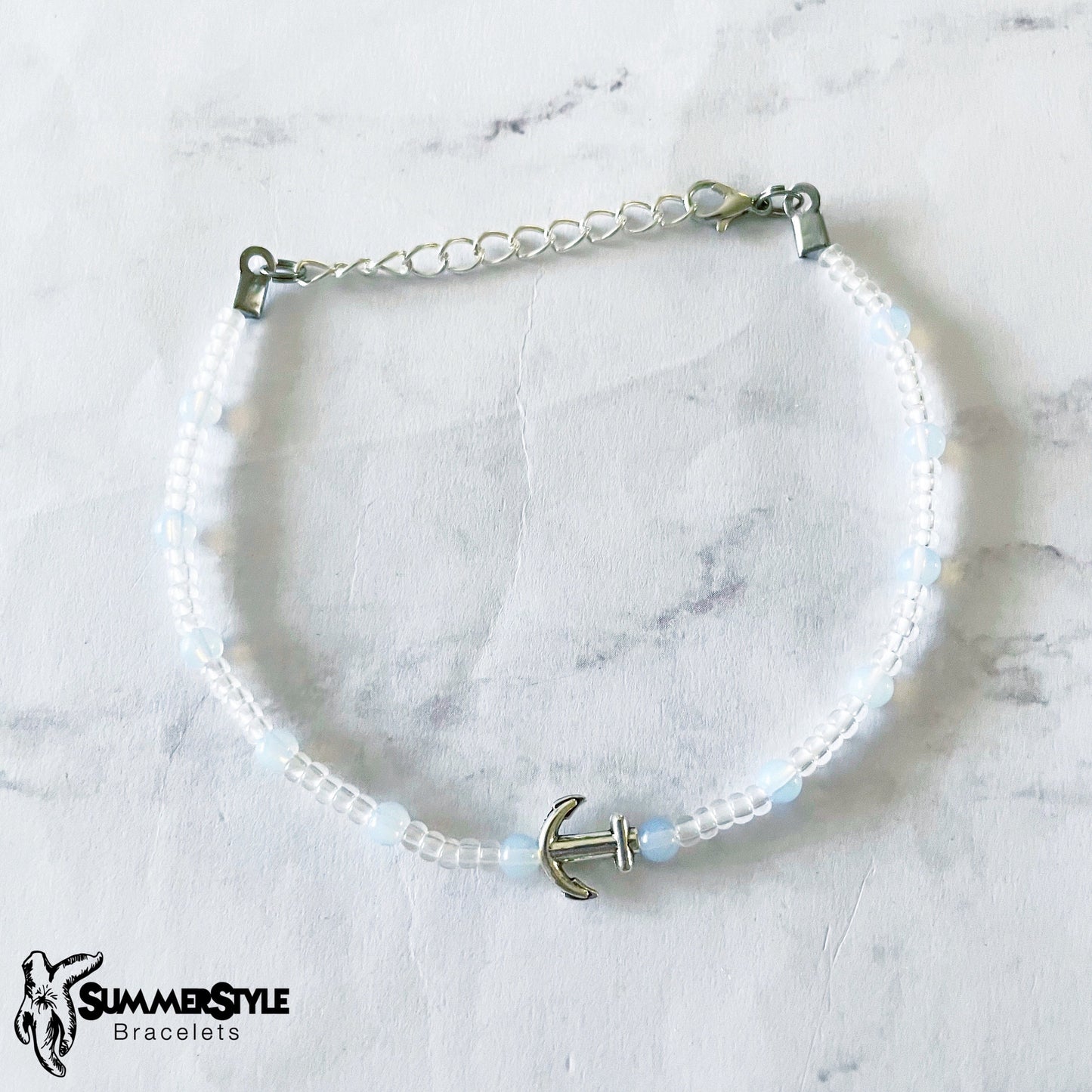 Moonstone Anchor Skinny Beaded Anklet, Ankle Bracelet, Seed Bead Anklet, Anchor Jewelry, SummerStyle Bracelets