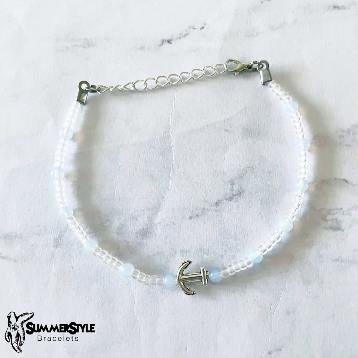 Moonstone Anchor Skinny Beaded Anklet, Ankle Bracelet, Seed Bead Anklet, Anchor Jewelry, SummerStyle Bracelets