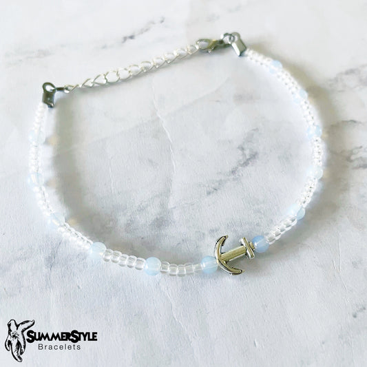 Moonstone Anchor Skinny Beaded Anklet, Ankle Bracelet, Seed Bead Anklet, Anchor Jewelry, SummerStyle Bracelets