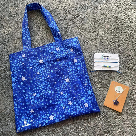 Sparkly Stars Gift Box, Curated Gift, Celestial Jewelry, Glitter Tote Bag, Gift Box for Her, Ready to Ship Gift, SummerStyle Bracelets