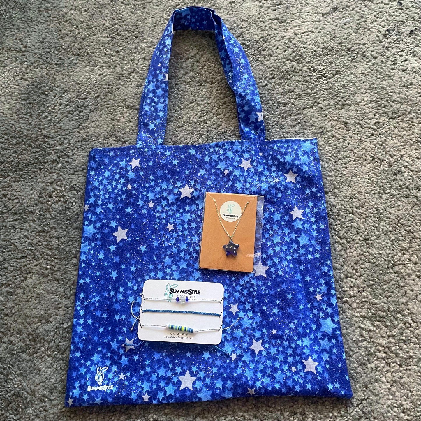 Sparkly Stars Gift Box, Curated Gift, Celestial Jewelry, Glitter Tote Bag, Gift Box for Her, Ready to Ship Gift, SummerStyle Bracelets