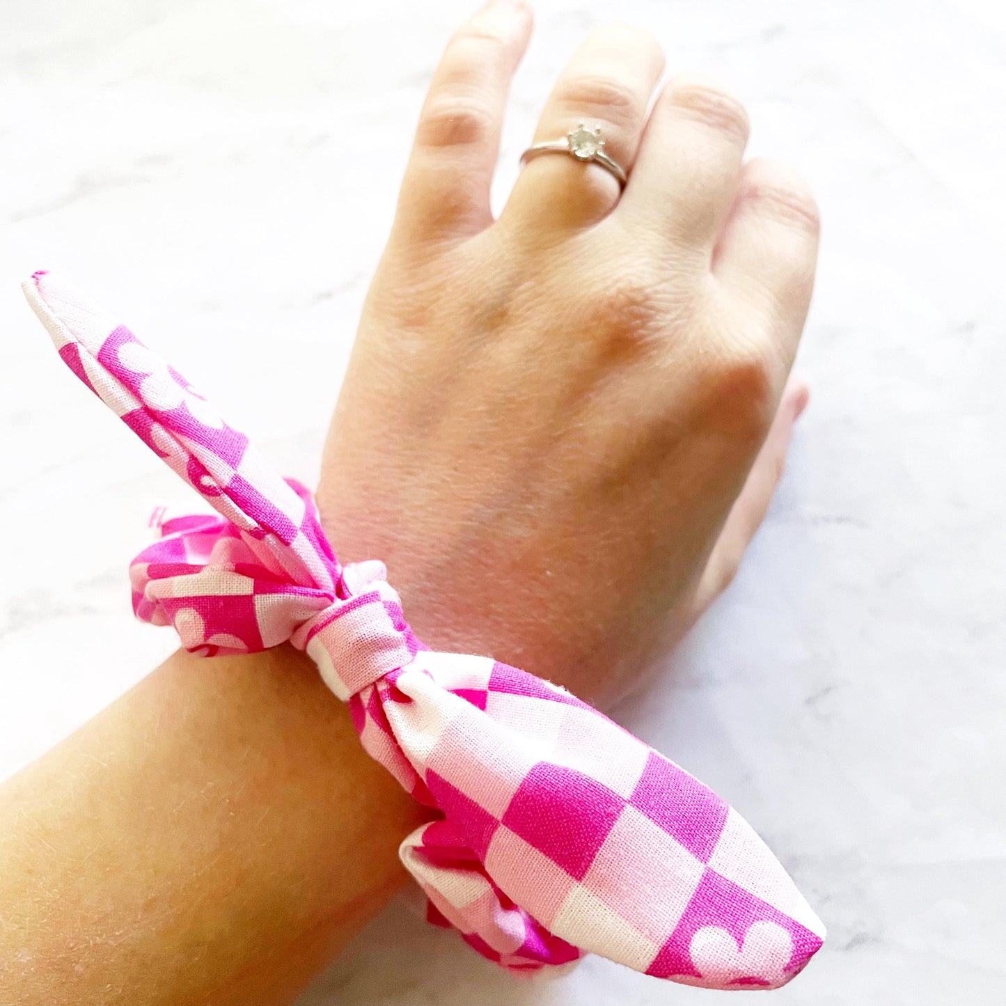Pink Checkered Flower Bow Scrunchie, Hair Accessories, Bow Hair Tie, SummerStyle Bracelets