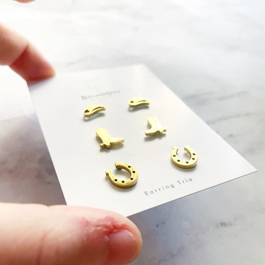 Gold Cowgirl Stud Earring Set, Stud Earrings Trio, Western Earrings, SummerStyle Bracelets