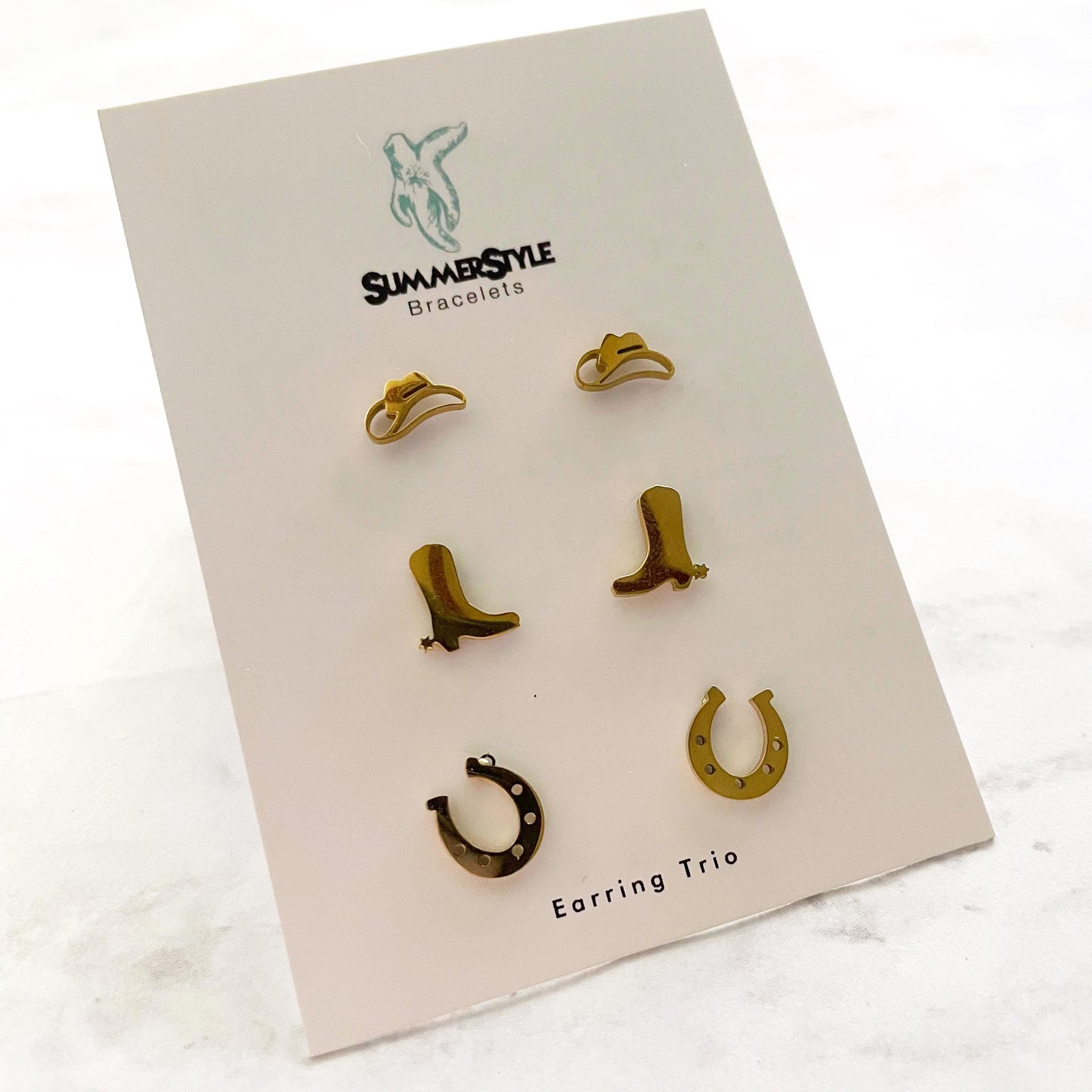Gold Cowgirl Stud Earring Set, Stud Earrings Trio, Western Earrings, SummerStyle Bracelets