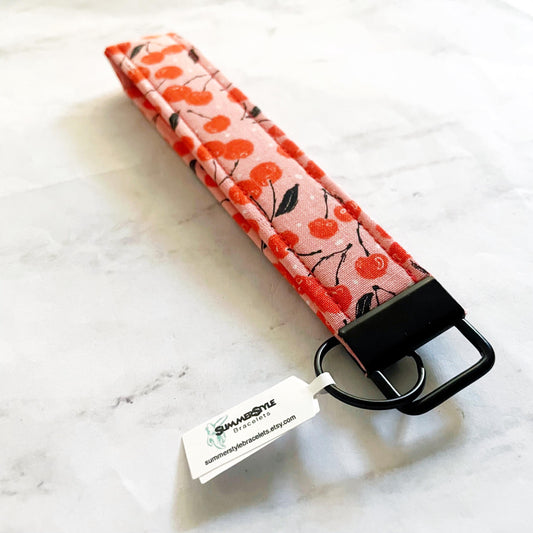 Charming Cherries Key Fob Wristlet, 6.5in Wristlet Lanyard, Keychain Wristlet, Handmade Lanyard, SummerStyle Bracelets