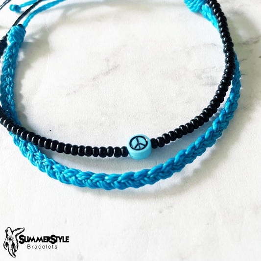 Cerulean Peace Sign Bracelet Set, Seed Bead Bracelet, Braided Bracelet, Hippie Jewelry, SummerStyle Bracelets