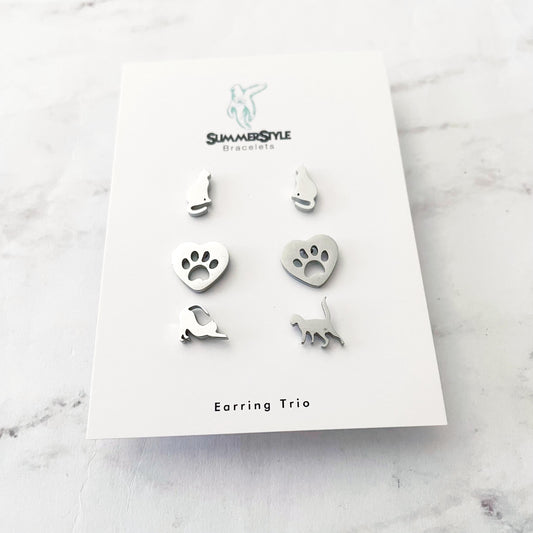 Silver Cat Stud Earring Set, Stud Earrings Trio, Pet Earrings, SummerStyle Bracelets