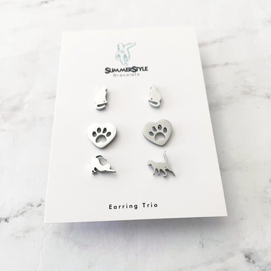 Silver Cat Stud Earring Set, Stud Earrings Trio, Pet Earrings, SummerStyle Bracelets