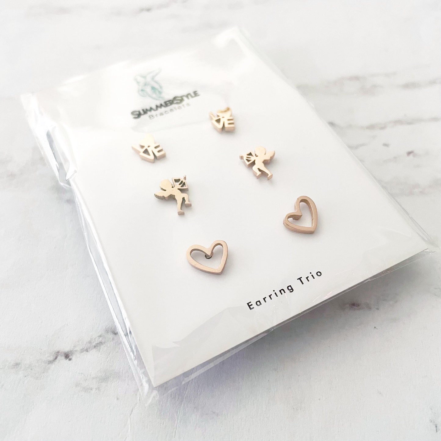 Rose Gold Valentine’s Day Stud Earring Set, Stud Earrings Trio, Heart Earrings, SummerStyle Bracelets