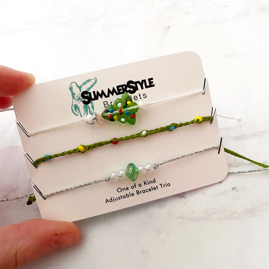 Evergreen Christmas Tree Bracelet Set, One of a Kind Bracelet Trio, Unique Bracelet Set, Christmas Jewelry, SummerStyle Bracelets