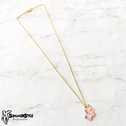 Pink Piggy Charm Necklace, Pig Jewelry, Stainless Steel Chain Necklace, SummerStyle Bracelets