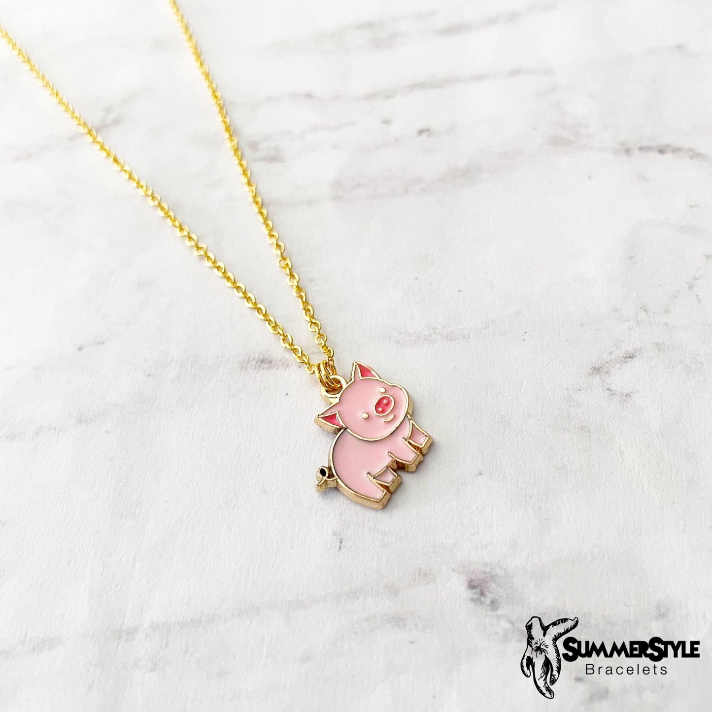 Pink Piggy Charm Necklace, Pig Jewelry, Stainless Steel Chain Necklace, SummerStyle Bracelets
