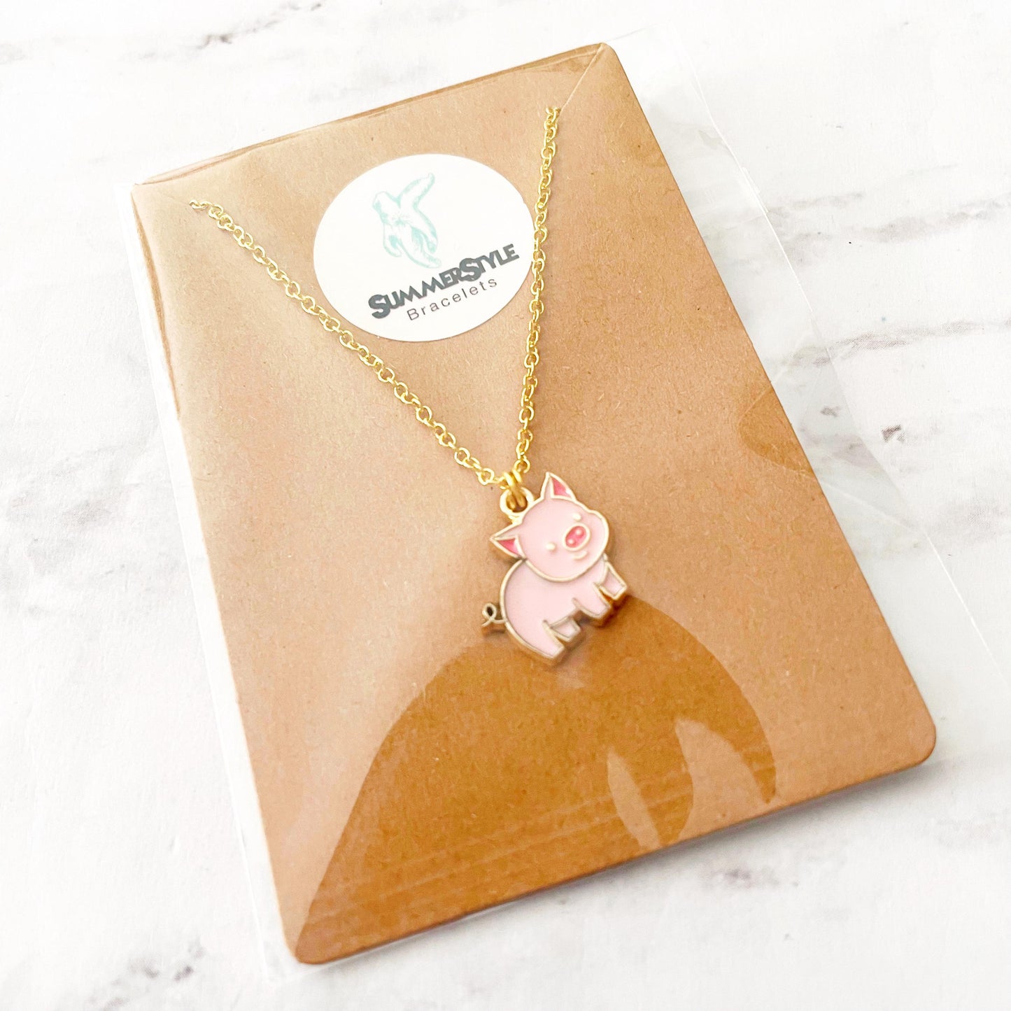 Pink Piggy Charm Necklace, Pig Jewelry, Stainless Steel Chain Necklace, SummerStyle Bracelets