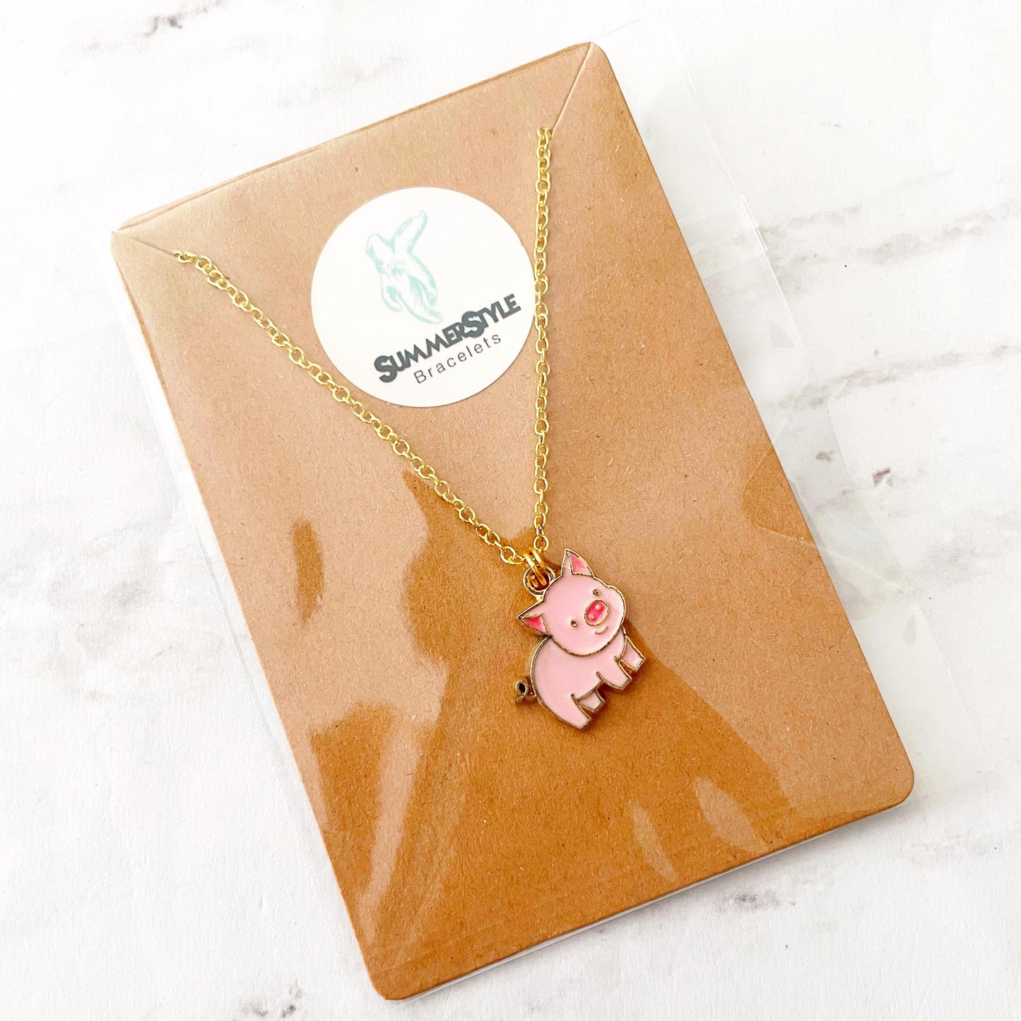 Pink Piggy Charm Necklace, Pig Jewelry, Stainless Steel Chain Necklace, SummerStyle Bracelets