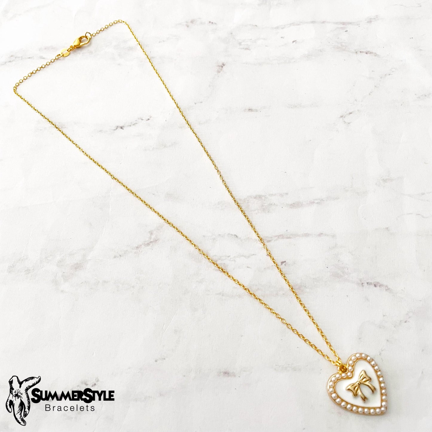 Pearly Bow Heart Charm Necklace, Bow Jewelry, Stainless Steel Chain Necklace, SummerStyle Bracelets