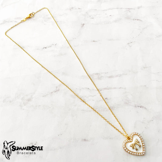 Pearly Bow Heart Charm Necklace, Bow Jewelry, Stainless Steel Chain Necklace, SummerStyle Bracelets