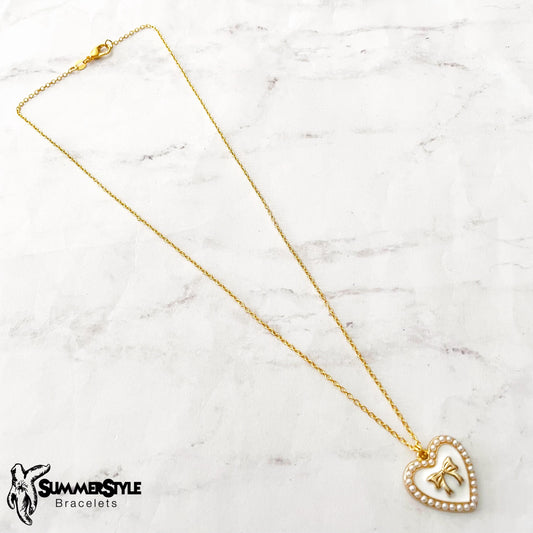 Pearly Bow Heart Charm Necklace, Bow Jewelry, Stainless Steel Chain Necklace, SummerStyle Bracelets