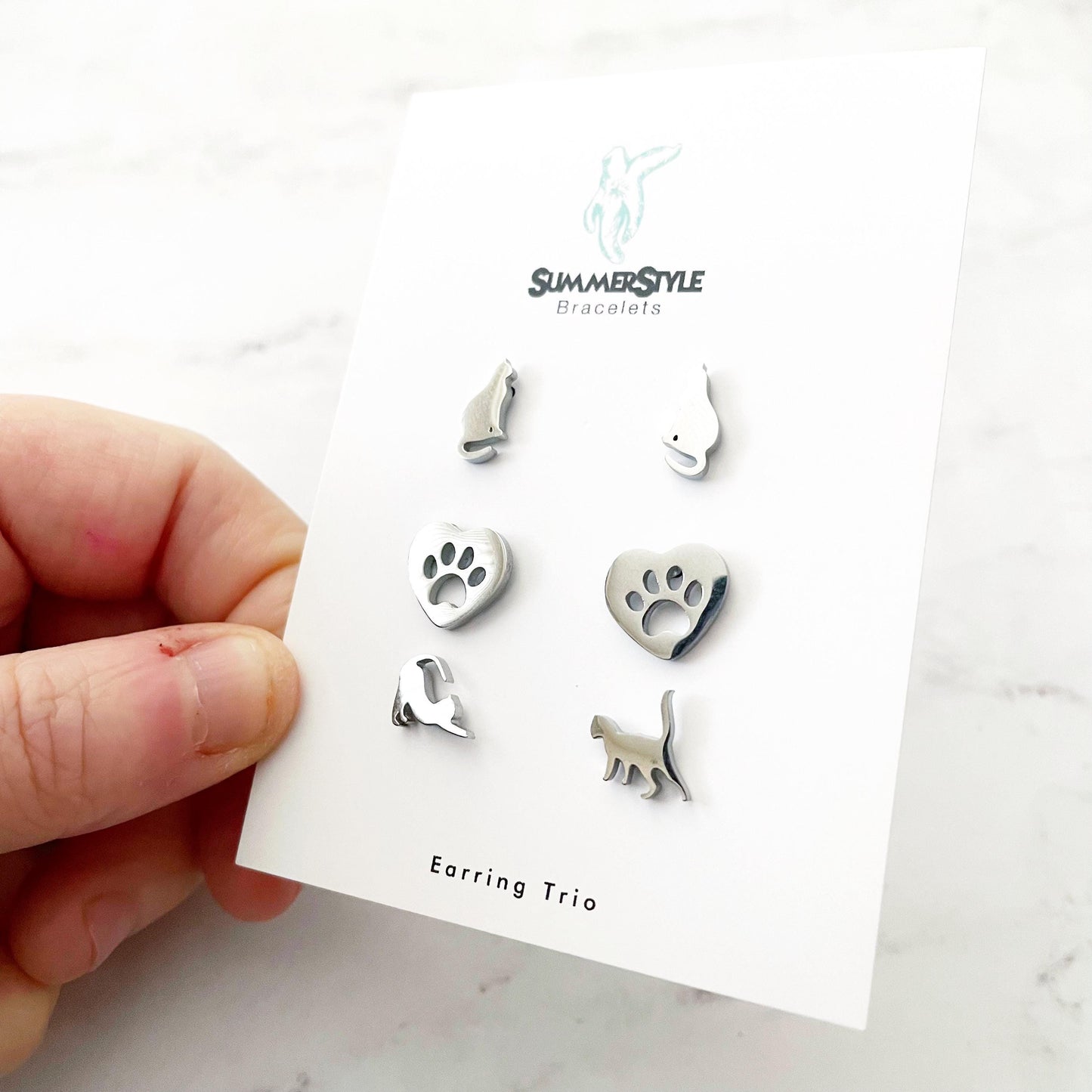 Silver Cat Stud Earring Set, Stud Earrings Trio, Pet Earrings, SummerStyle Bracelets