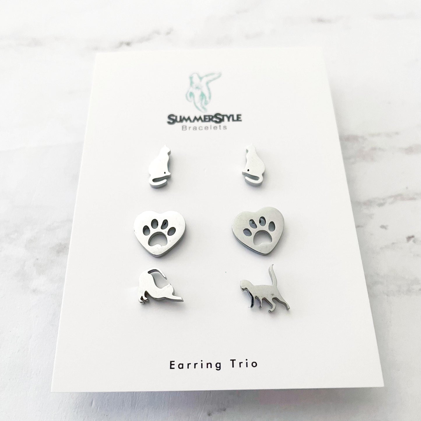 Silver Cat Stud Earring Set, Stud Earrings Trio, Pet Earrings, SummerStyle Bracelets