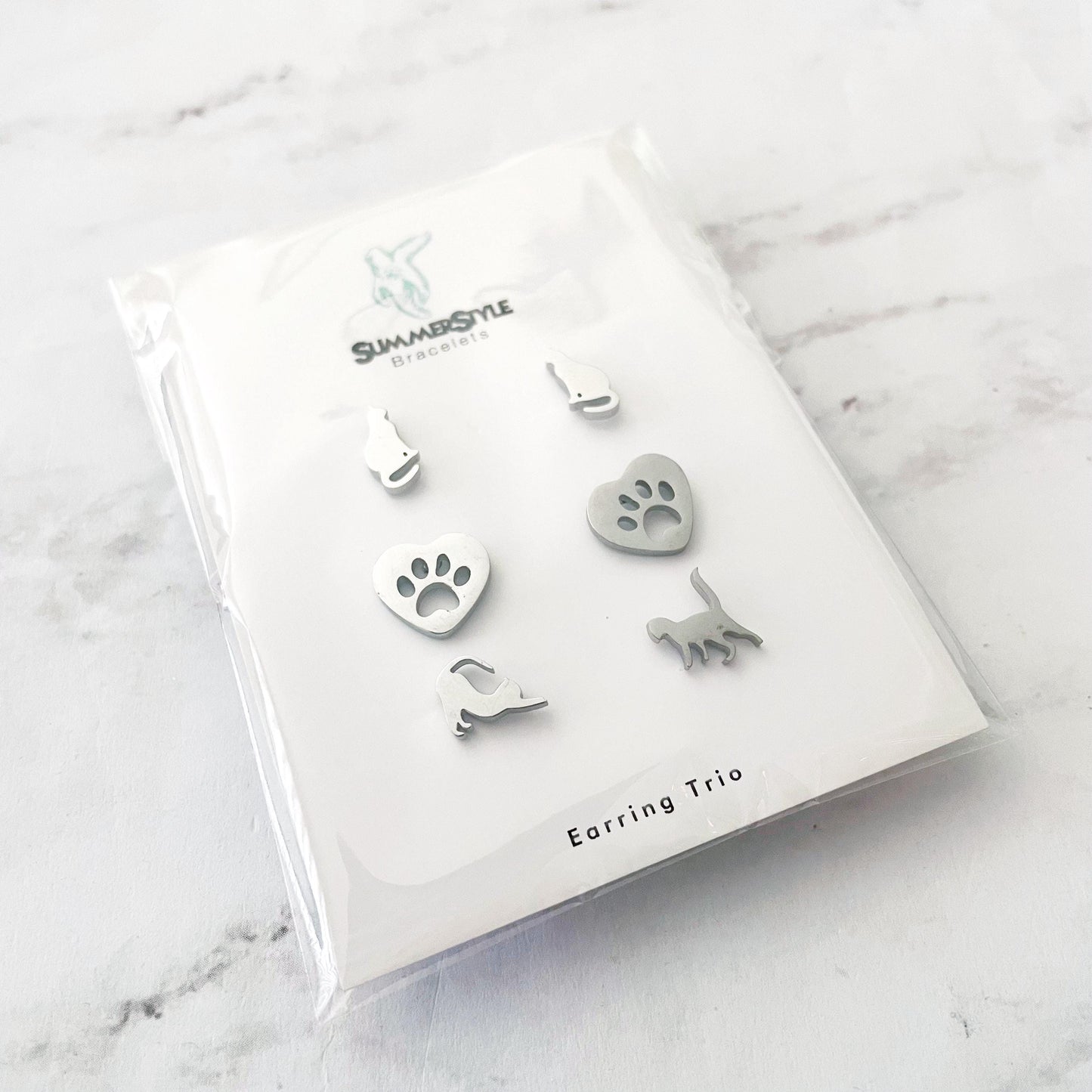 Silver Cat Stud Earring Set, Stud Earrings Trio, Pet Earrings, SummerStyle Bracelets
