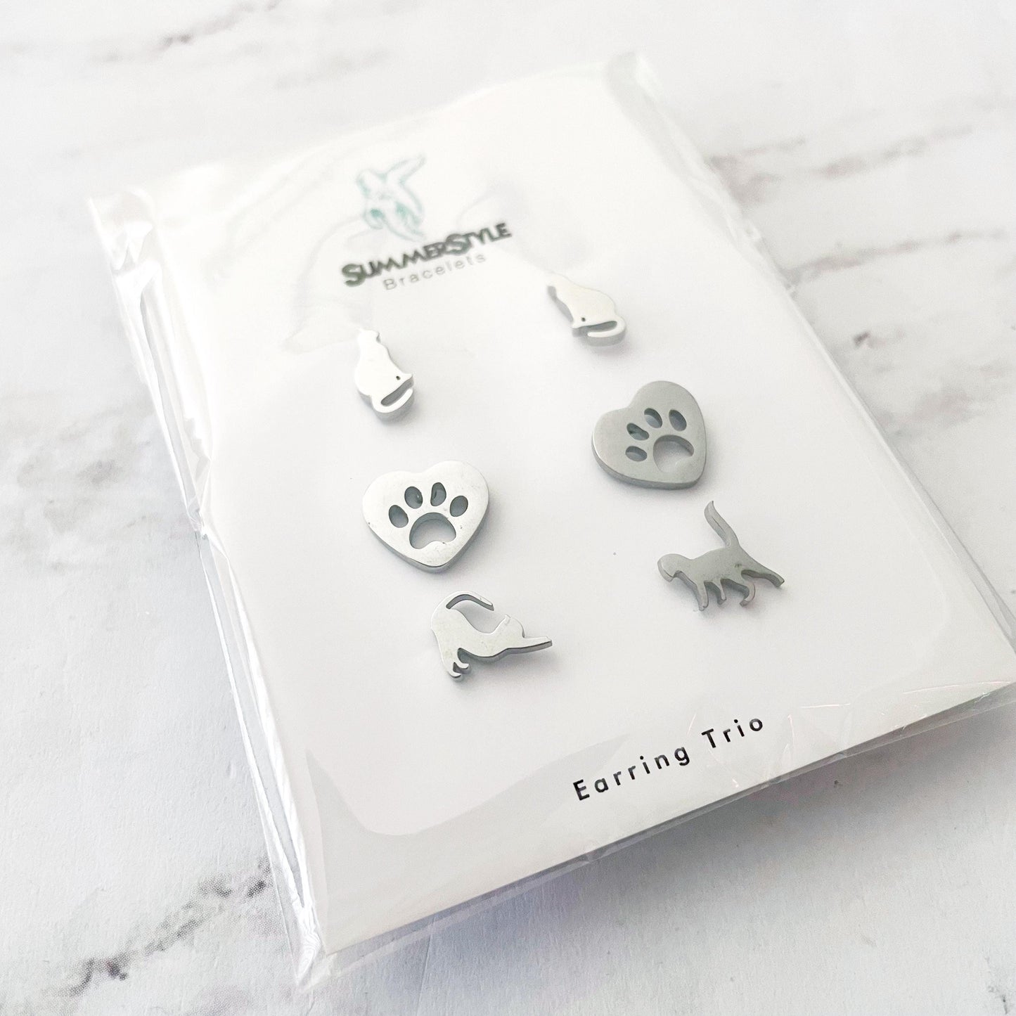 Silver Cat Stud Earring Set, Stud Earrings Trio, Pet Earrings, SummerStyle Bracelets