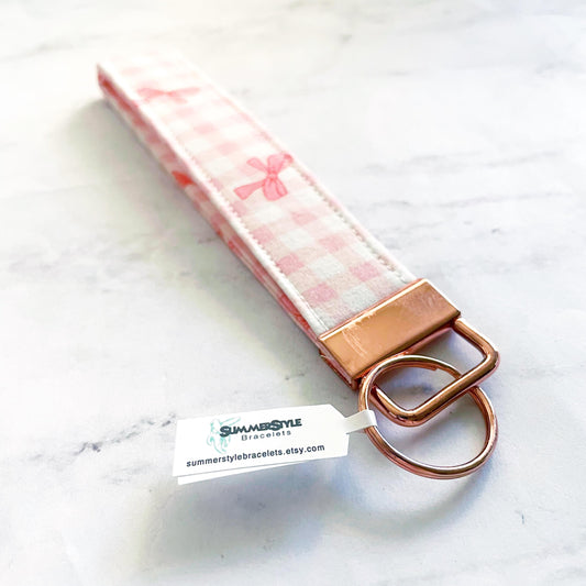 Pink Gingham Bow Key Fob Wristlet, 6.5in Wristlet Lanyard, Keychain Wristlet, Handmade Lanyard, SummerStyle Bracelets