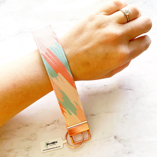 Rose Gold Paint Strokes Key Fob Wristlet, 6.5in Wristlet Lanyard, Keychain Wristlet, Handmade Lanyard, SummerStyle Bracelets