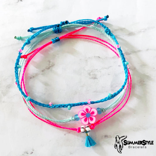 Hot Pink Flower Power Bracelet Set, One of a Kind Bracelet Trio, Unique Bracelet Set, SummerStyle Bracelets