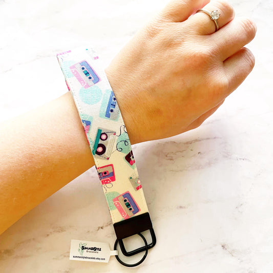 Neon Cassette Key Fob Wristlet, 6.5in Wristlet Lanyard, Keychain Wristlet, Handmade Lanyard, SummerStyle Bracelets