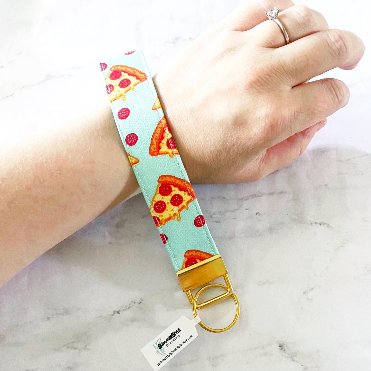 Aqua Pizza Key Fob Wristlet, 6.5in Wristlet Lanyard, Keychain Wristlet, Handmade Lanyard, SummerStyle Bracelets