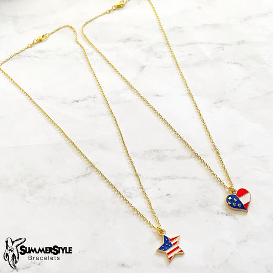 Americana Star & Heart American Flag Charm Necklace, Patriotic Necklace, July 4th Jewelry, Gold Chain Necklace, SummerStyle Bracelets