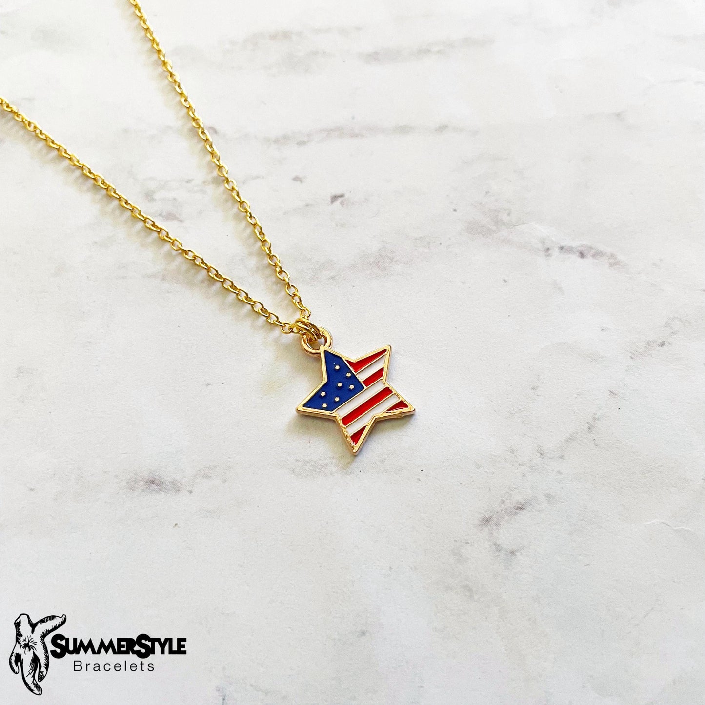 Americana Star & Heart American Flag Charm Necklace, Patriotic Necklace, July 4th Jewelry, Gold Chain Necklace, SummerStyle Bracelets